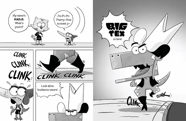 Comic strip featuring a cat named Nails and a small character named Pt-Pt-Punty, followed by a dramatic entrance of a character called Big Tex wearing boots with clinking sound effects.