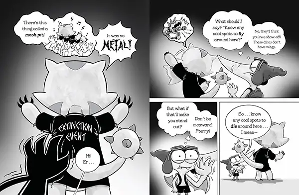 Black and white comic panels featuring anthropomorphic characters discussing a mosh pit, flying, and courage with one character wearing an 'EXTINCTION EVENT' shirt.