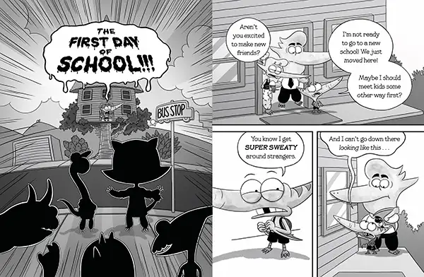 Black and white comic panels showing anthropomorphic animals on their first day of school, with characters expressing nervousness about making new friends and feeling super sweaty around strangers.