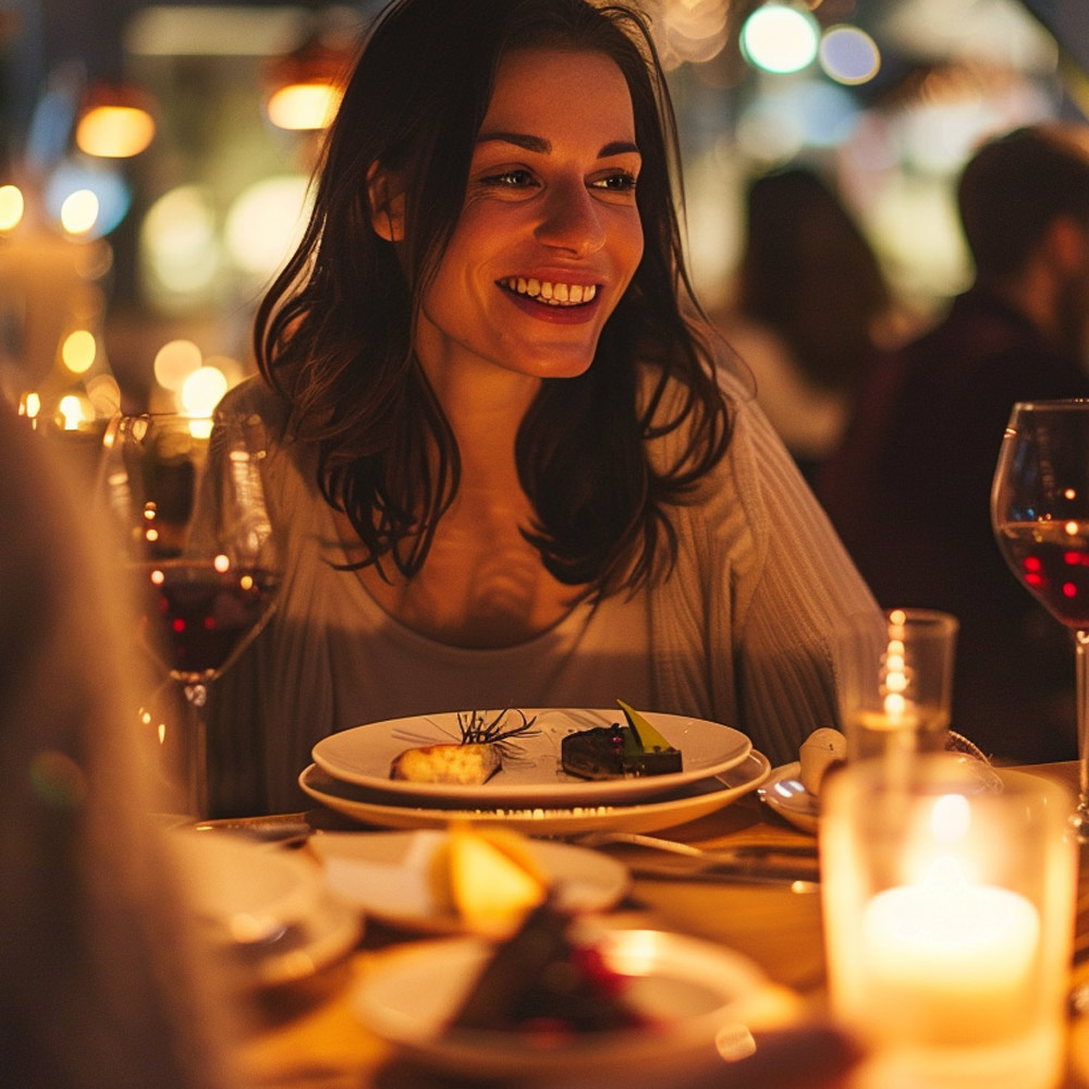 Smilende kvinne med langt, lysebrunt hår sitter innendørs, med uskarpe mennesker og glass i bakgrunnen.