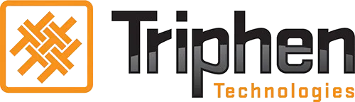 Triphen Technologies logo featuring an orange interwoven pattern inside a square next to the company name in black and orange text.