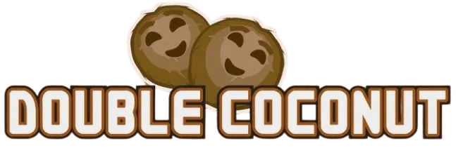 Logo with two smiling coconuts above the text 'DOUBLE COCONUT' in bold white and brown letters.