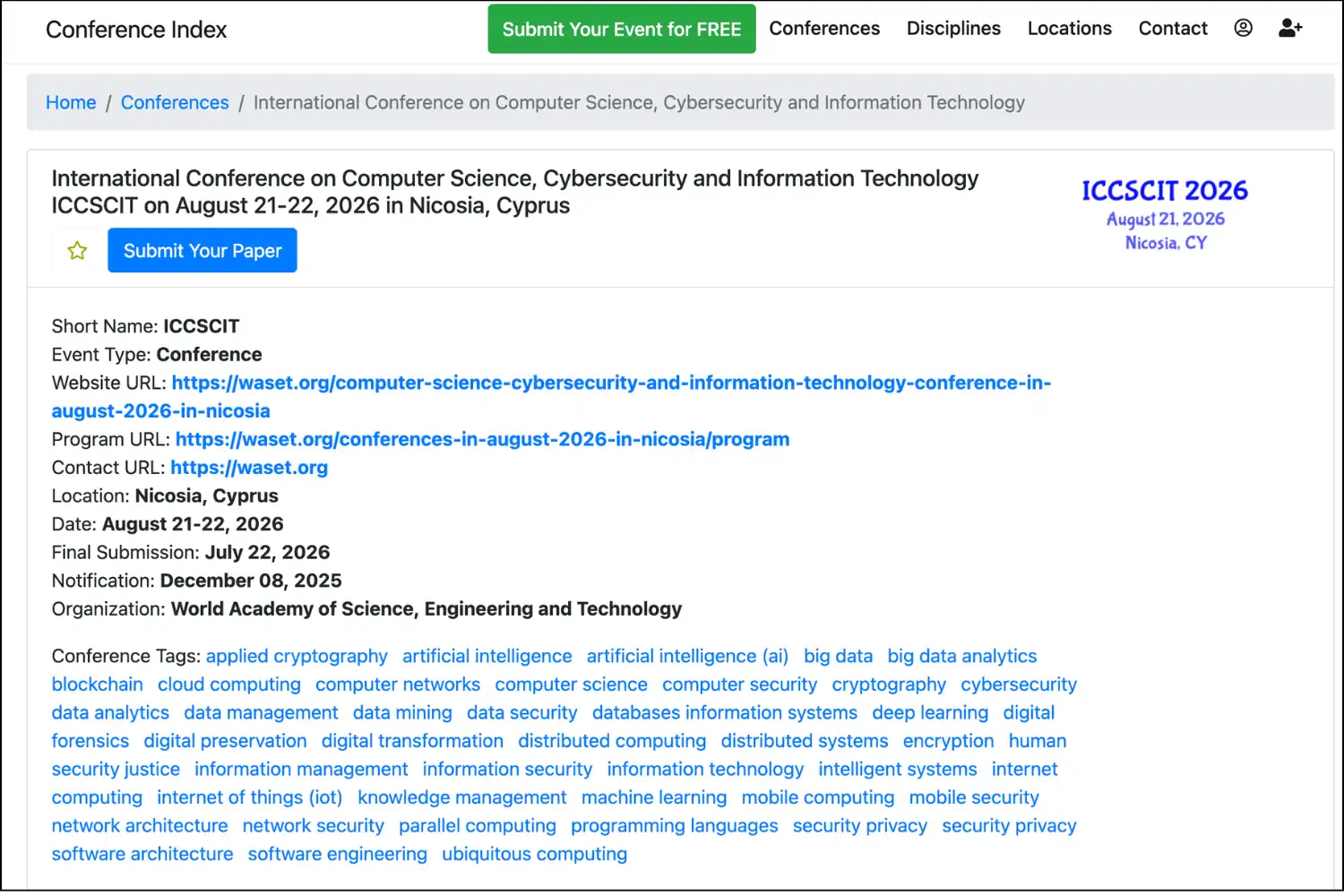 International Conference on Computer Science, Cybersecurity and Information Technology (ICCSCIT)