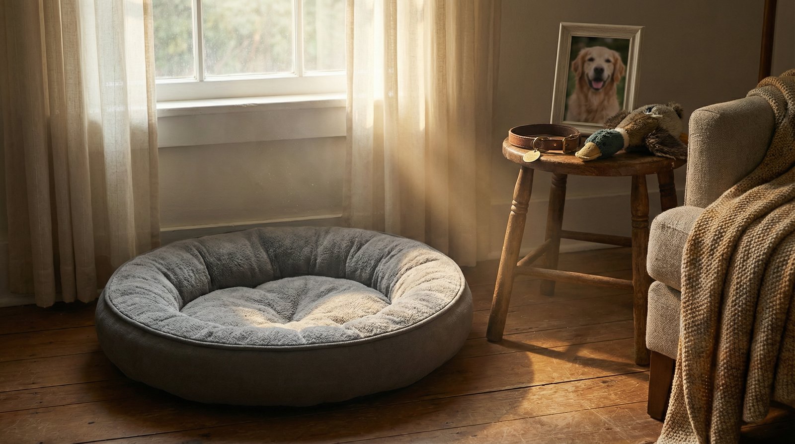 An empty pet bed by a sunlit window with a framed photo and collar conveying gentle loss and loving memory