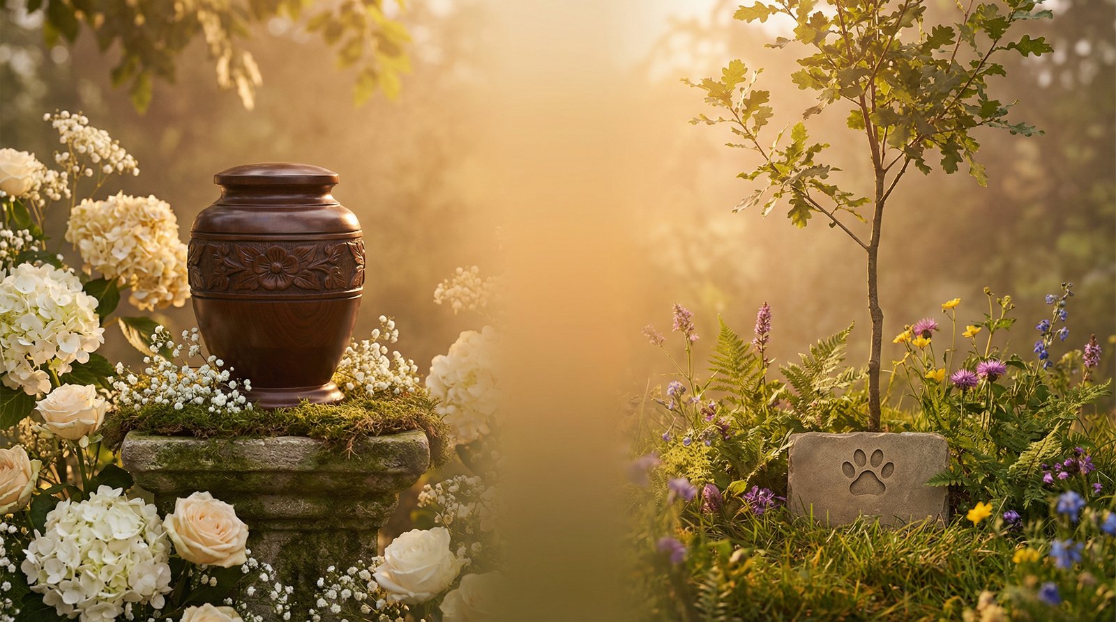 A peaceful scene showing a cremation urn with flowers and a memorial garden with paw print stone