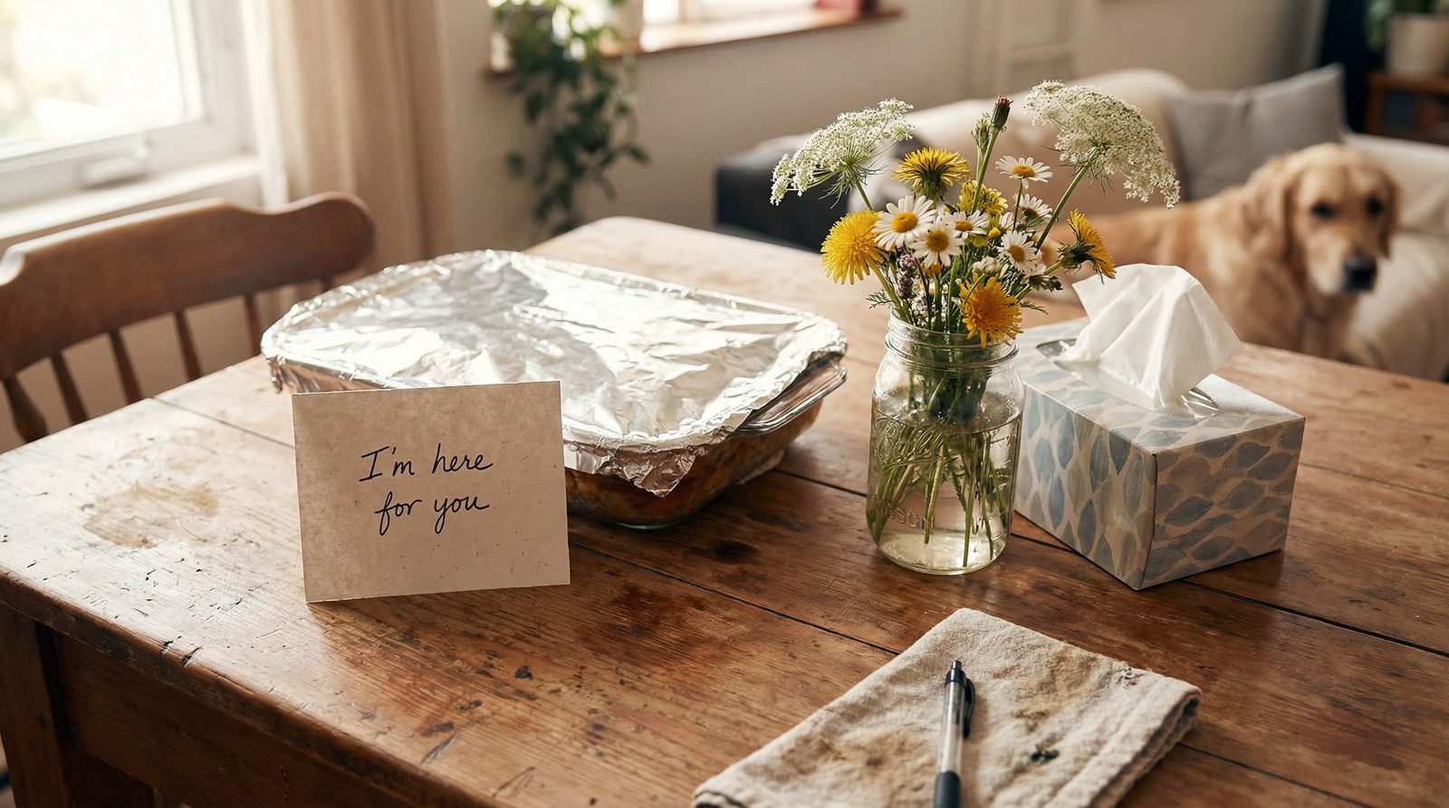 Two people sitting together on a couch, one comforting the other, with warm soft lighting