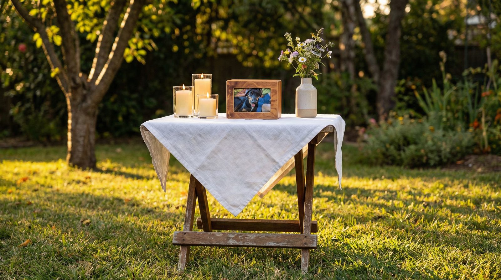 A peaceful outdoor memorial setting with flowers, candles, and a small photo frame on a table