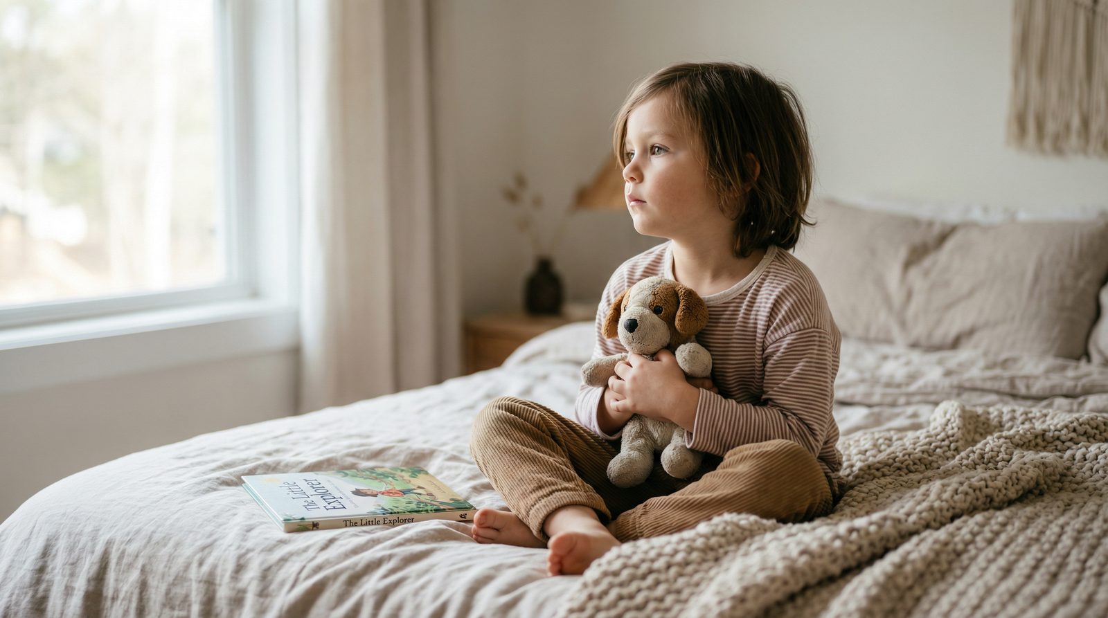 A child's hand gently holding a small stuffed animal next to a window with soft sunlight