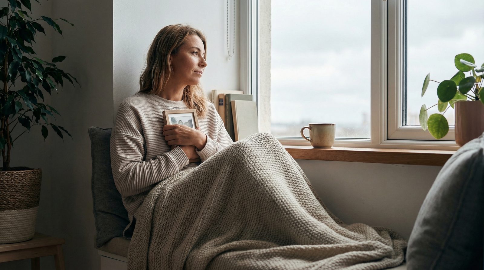 A person sitting quietly by a window holding a pet photo frame with warm soft lighting