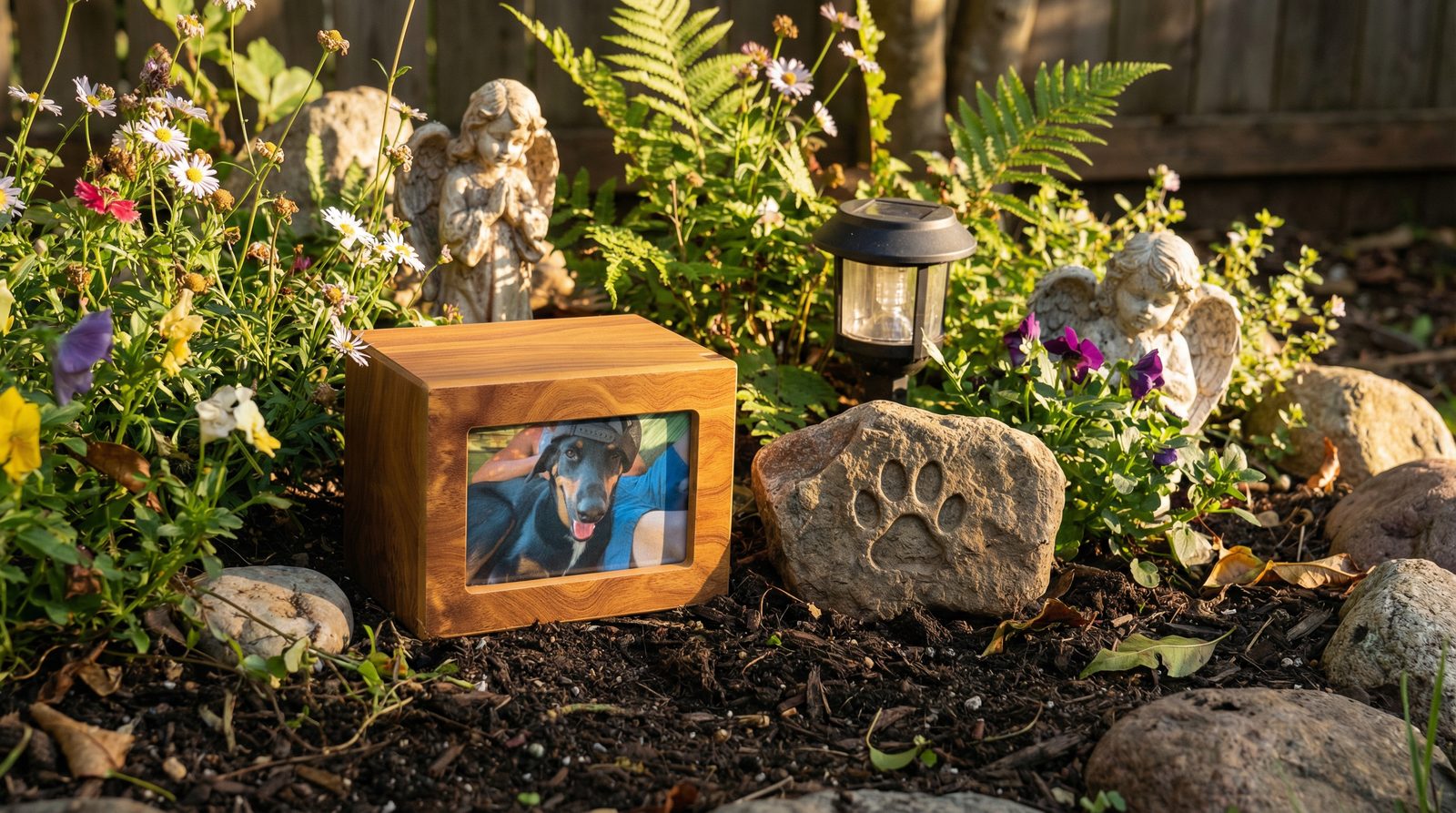 A beautiful pet memorial garden with a small stone marker, flowers, and a candle