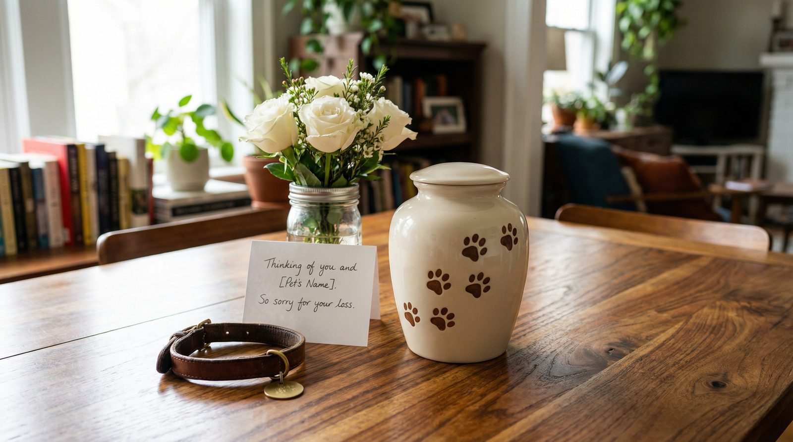 A compassionate scene with a pet urn, flowers, and a sympathy card on a warm wooden table
