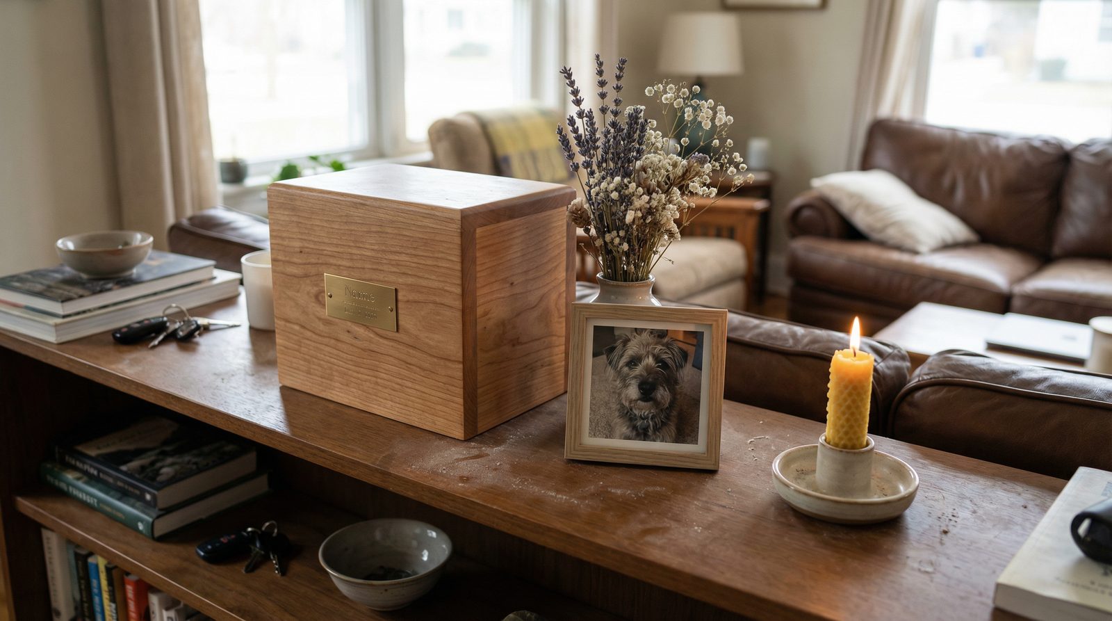 A dignified wooden cremation urn on a shelf with a small framed pet photo and flowers