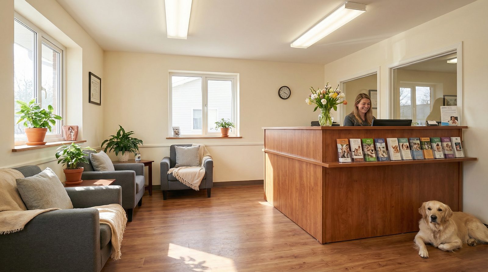 A warm welcoming reception area of a pet cremation facility with soft lighting and flowers