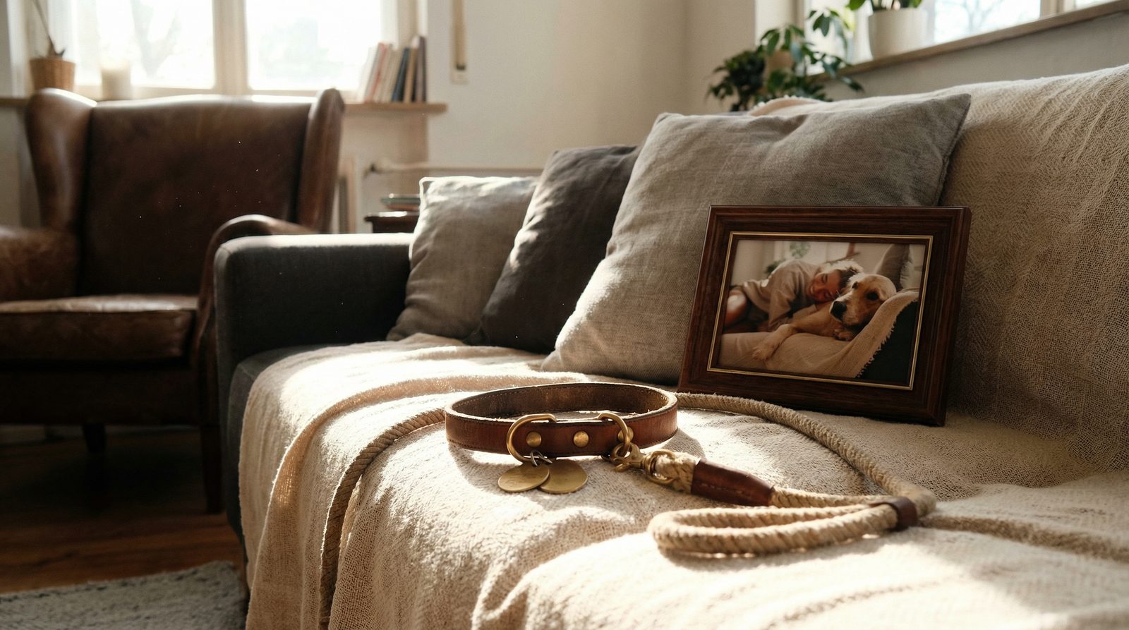 A peaceful scene with a pet collar and leash resting on a soft blanket near a window with warm sunlight