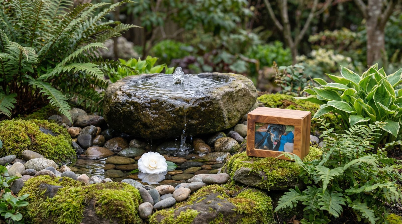 A serene water feature with soft flowers nearby representing the peaceful aquamation process