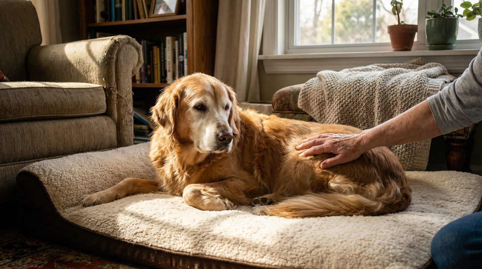 An elderly golden retriever resting peacefully on a soft blanket with a caring hand gently placed on its side in warm sunlight