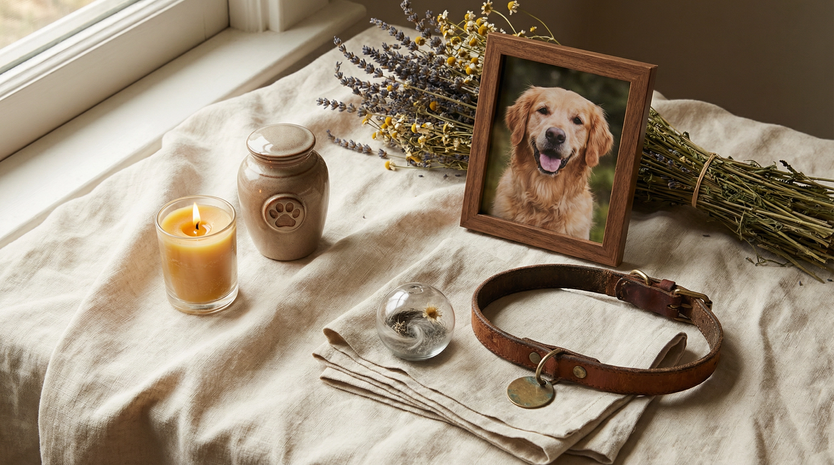 Pet memorial arrangement with urn, candle, framed photo, collar, and glass keepsake on linen