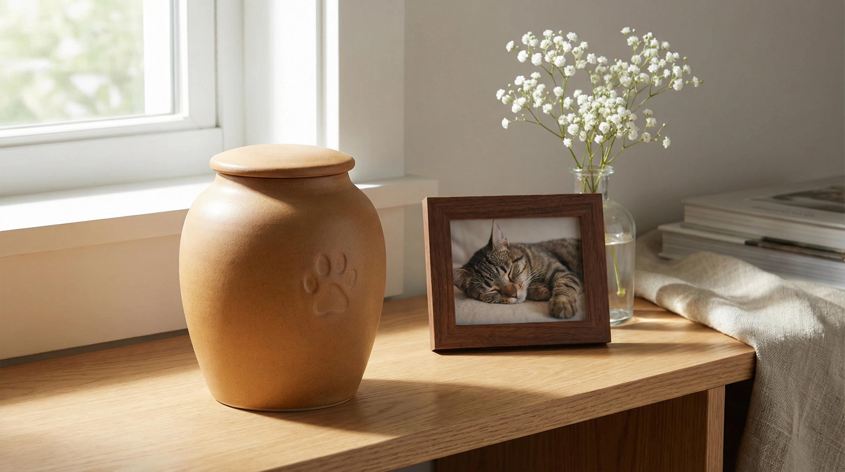 Handmade ceramic pet cremation urn with paw print detail on shelf with framed cat photo