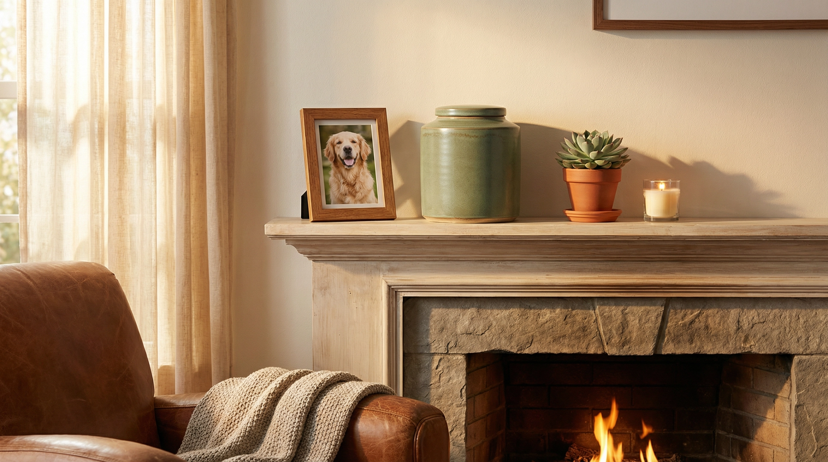 Sage green ceramic pet urn on fireplace mantel with framed dog photo, succulent, and candle