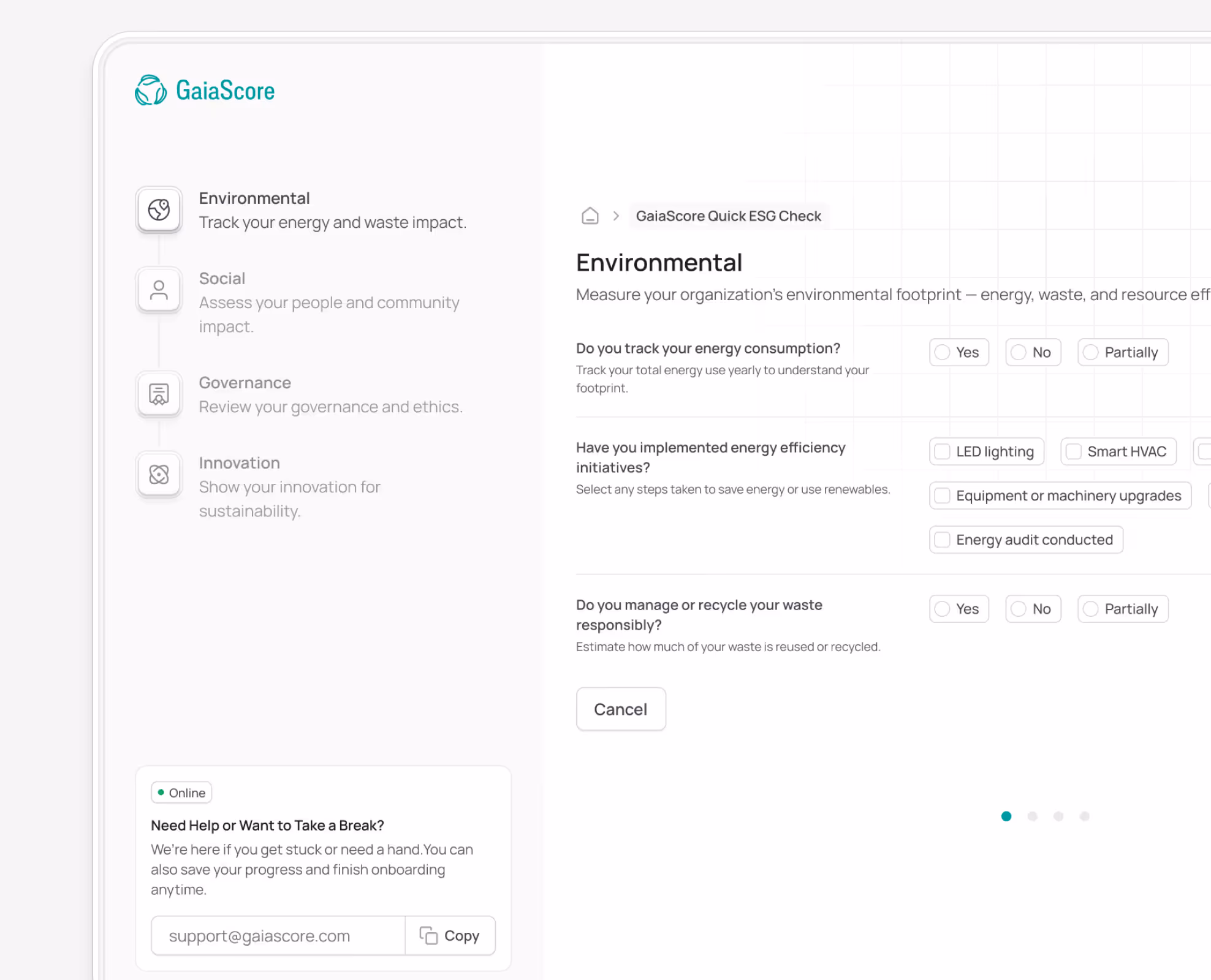 GaiaScore interface showing an environmental impact questionnaire with options to track energy consumption, implement energy efficiency initiatives, and manage waste.