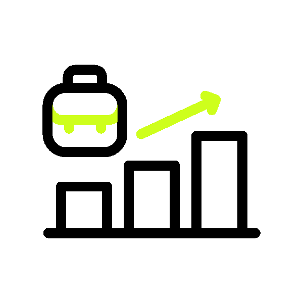 Black skateboard icon with a bright yellow arrow pointing diagonally upward to indicate progress or advancement.