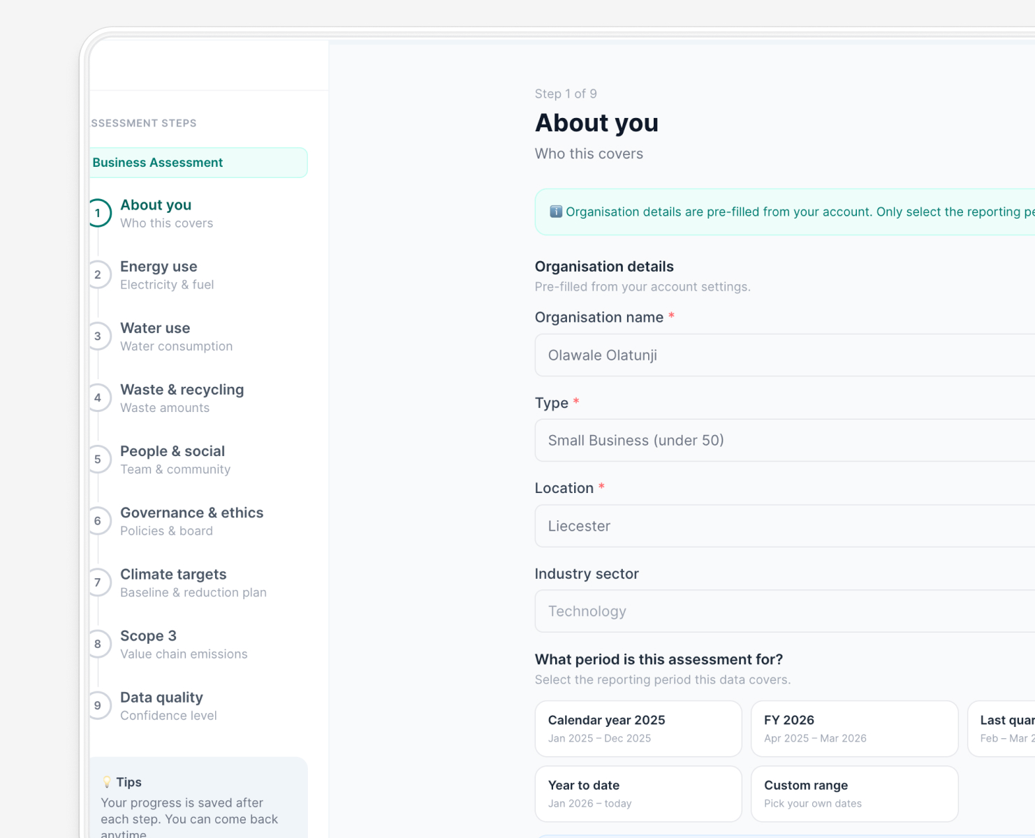 Business assessment form showing step 1: About you with organisation details like name, type, location, and sector.