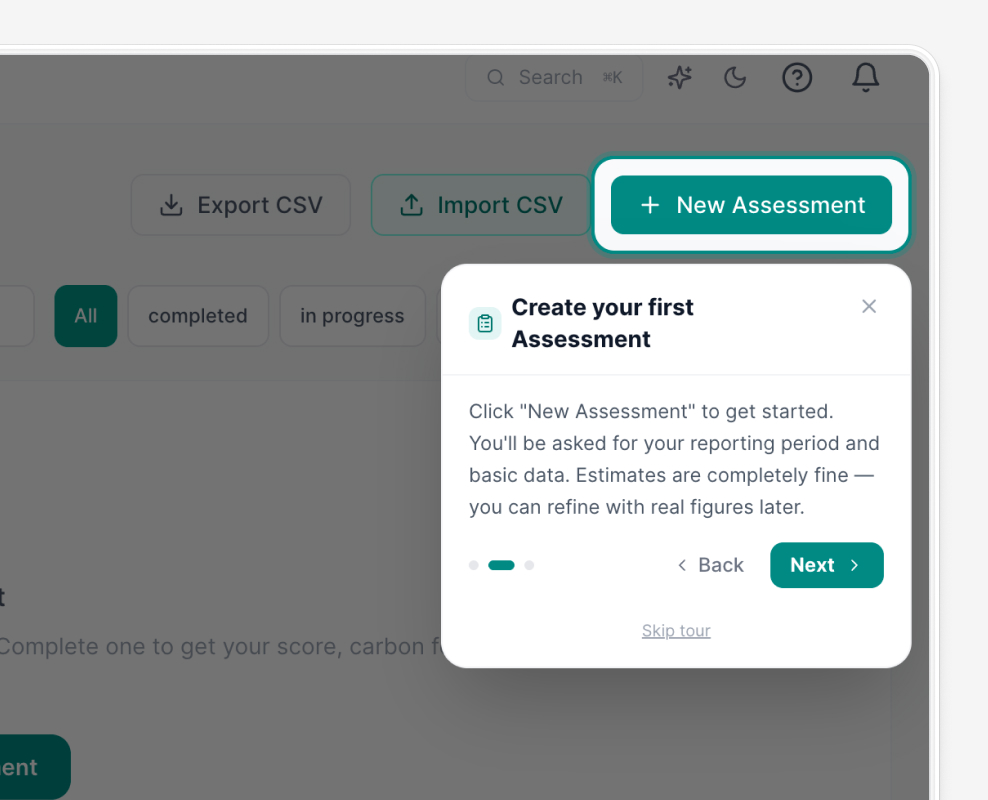 Button labeled New Assessment with a pop-up explaining how to start by clicking it and answering questions.