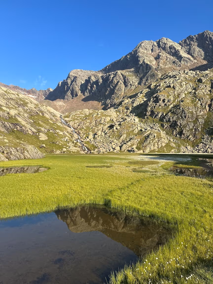 Grüne Wiesen mit kleinen Wasserflächen und Felsen am Fuß von steinigen Bergen unter klarem blauem Himmel.