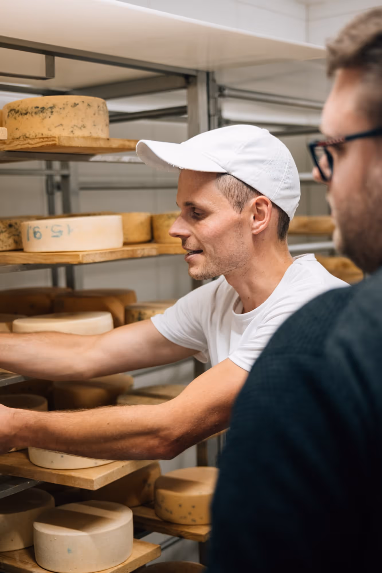 Ein Mann in weißem T-Shirt und Kappe lagert Käselaibe auf Holzregalen in einer Käsekühlkammer, während eine andere Person zuschaut.
