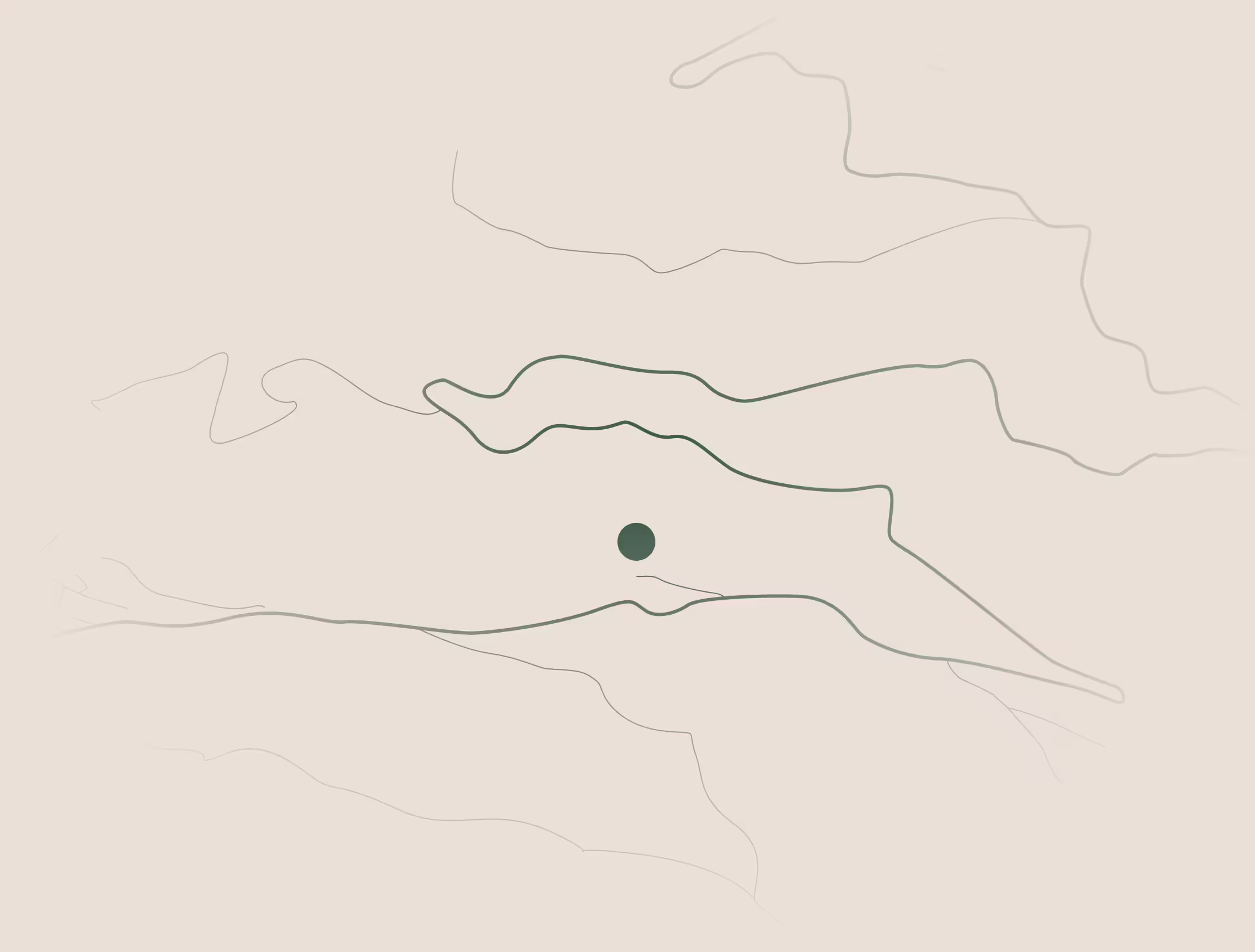 Abstrakte Landkarte mit einer dunklen Linie und einem zentralen Punkt auf einem hellbeigen Hintergrund.