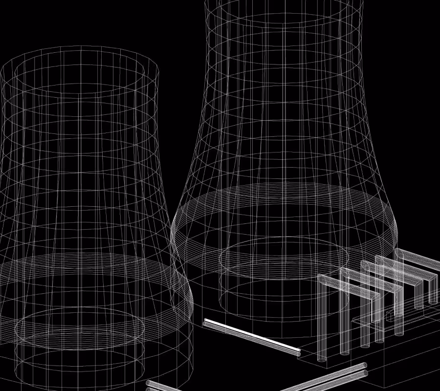 Wireframe 3D model of two industrial cooling towers and adjacent rectangular structures on a black background.