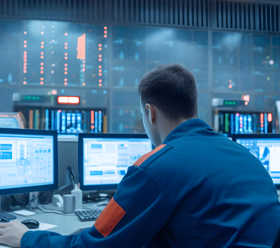 Technician in blue uniform monitoring multiple computer screens with data in a control room.