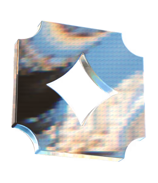 Reflective metallic geometric shape with a diamond-shaped cutout in the center.