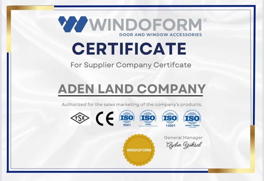 شهادة من Windoform تسمح لشركة Aden Land بتسويق مبيعات منتجات الشركة بشعارات شهادات ISO المختلفة.
