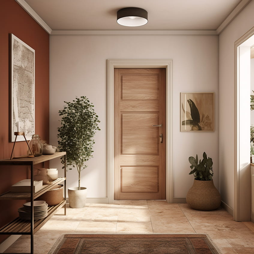 مدخل بباب خشبي مغلق wpc، وأرضية من البلاط البيج، وطاولة كونسول معدنية وخشبية مع أطباق وديكور، ونباتين في أصص، وفنون جدارية.