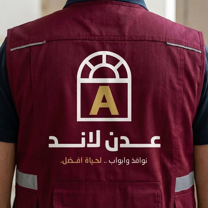 منظر خلفي لشخص يرتدي سترة كستنائية اللون تحمل شعار شركة عدن لاند للنوافذ و الأبواب باللونين الأبيض والذهبي وتتميز بنافذة منمقة والحرف A، بالإضافة إلى نص عربي.