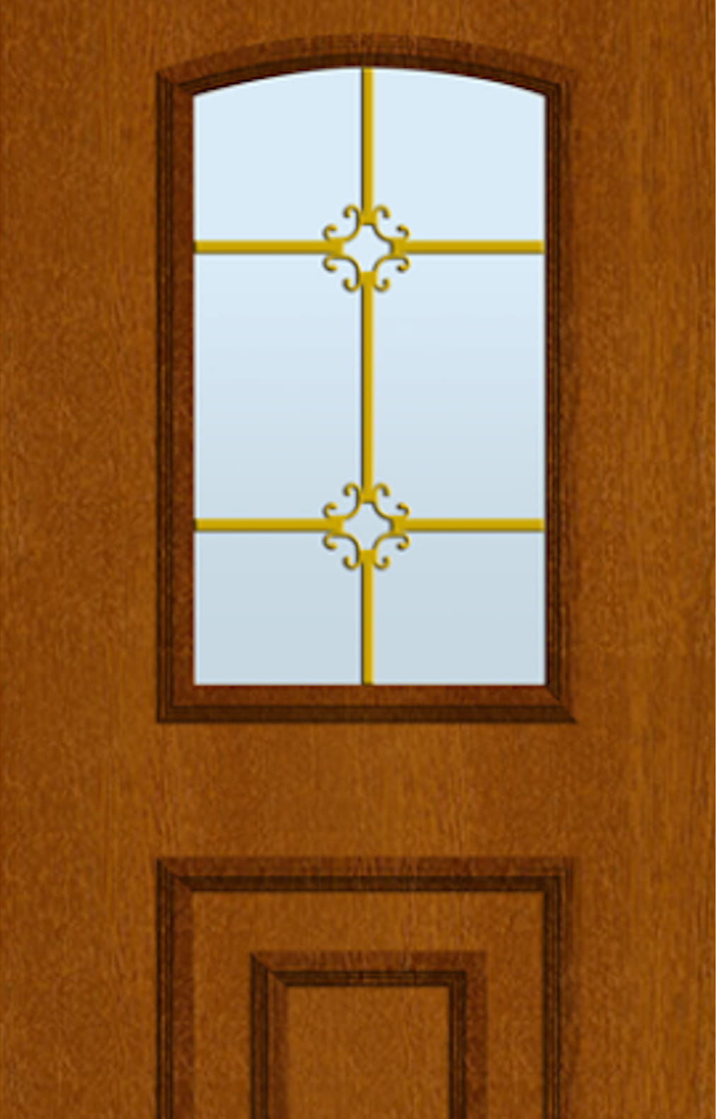 باب خشبي wpc مع نافذة زجاجية مستطيلة تتميز بشبكة زخرفية صفراء وأنماط لولبية.
