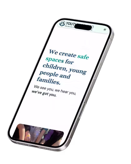 Floating mobile phone showing the website for a young persons and family charity.
