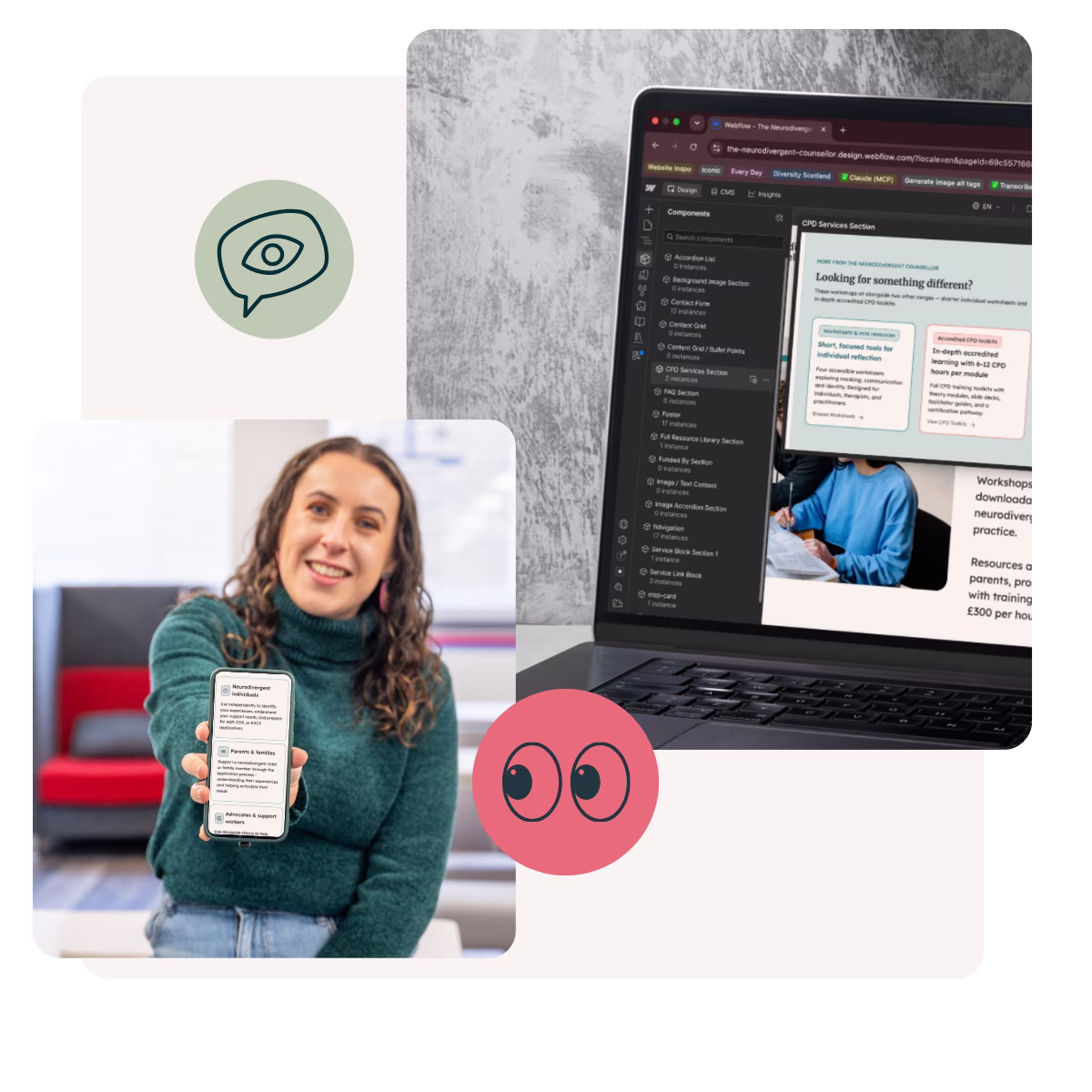 Collage of photos, one with Rachel holding out a mobile with a client website on view, another of the Webflow interface during a build with 2 fun stickers in blue and pink