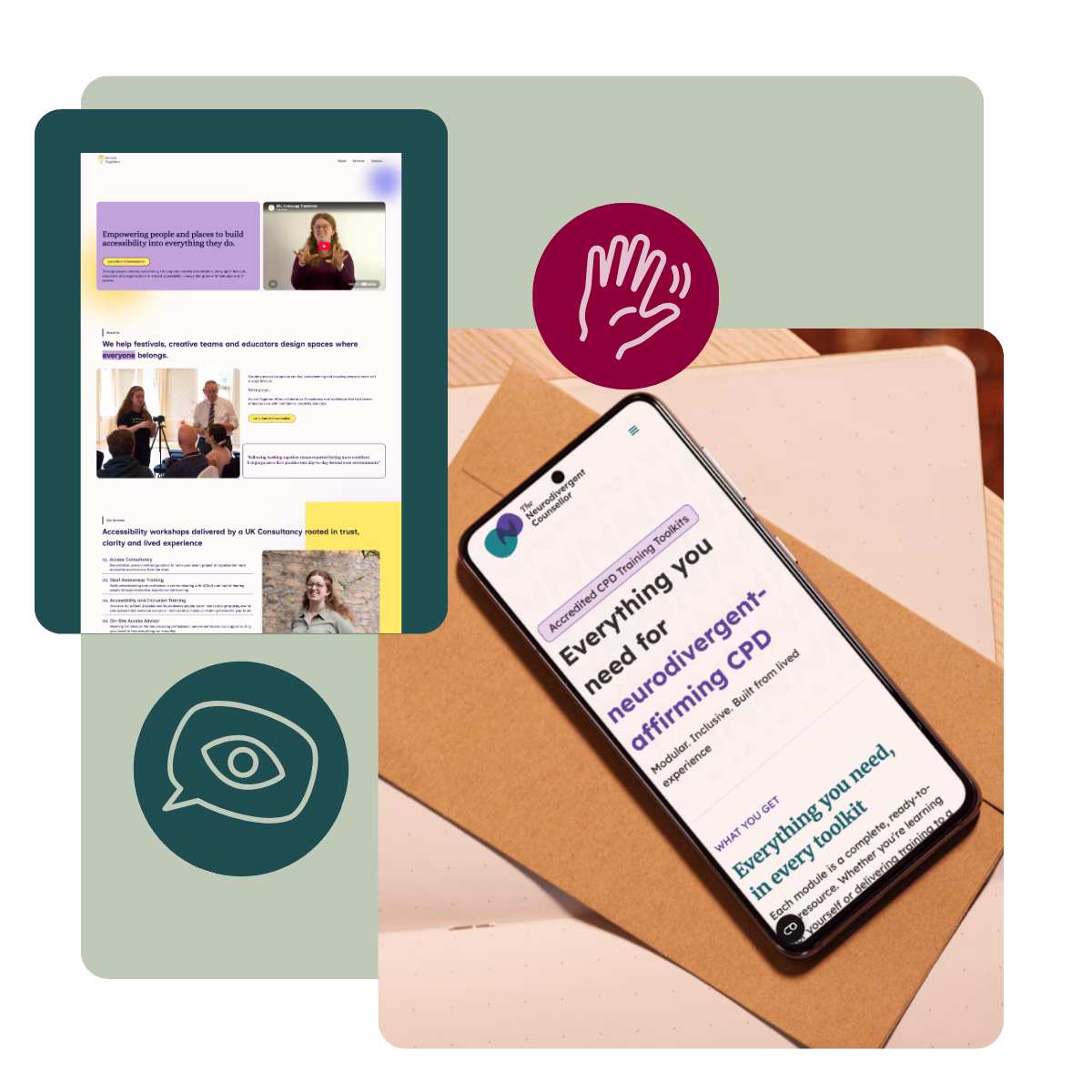 Collage with two images, one showing a mobile on a desk with the Neurodivergent Counsellor website open, and a design preview of the Access Together Website with two stickers in teal and maroon placed alongside