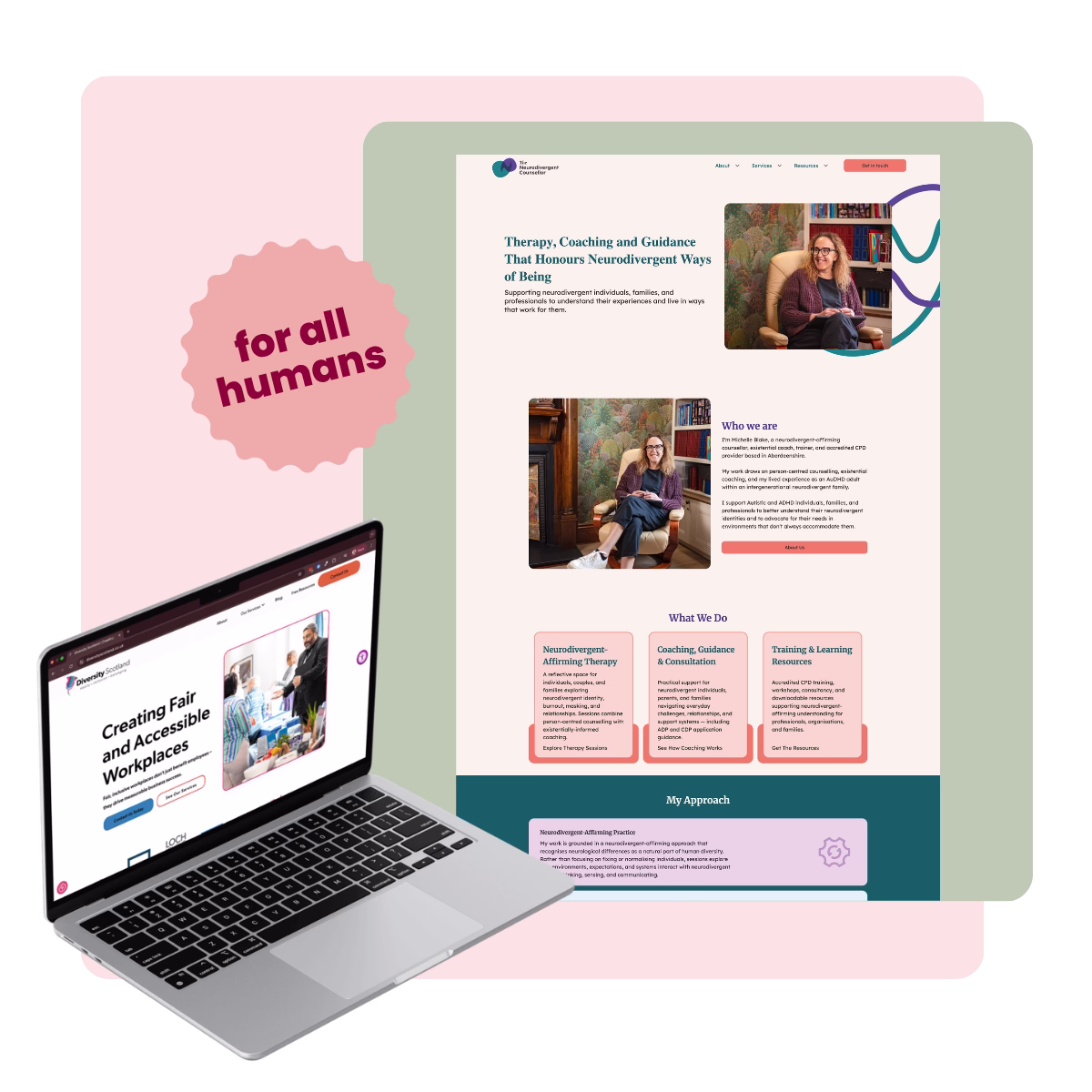 Collage image includes a laptop showing the Diversity Scotland home page, and a design mock-up of a website for The Neurodivergent Counsellor