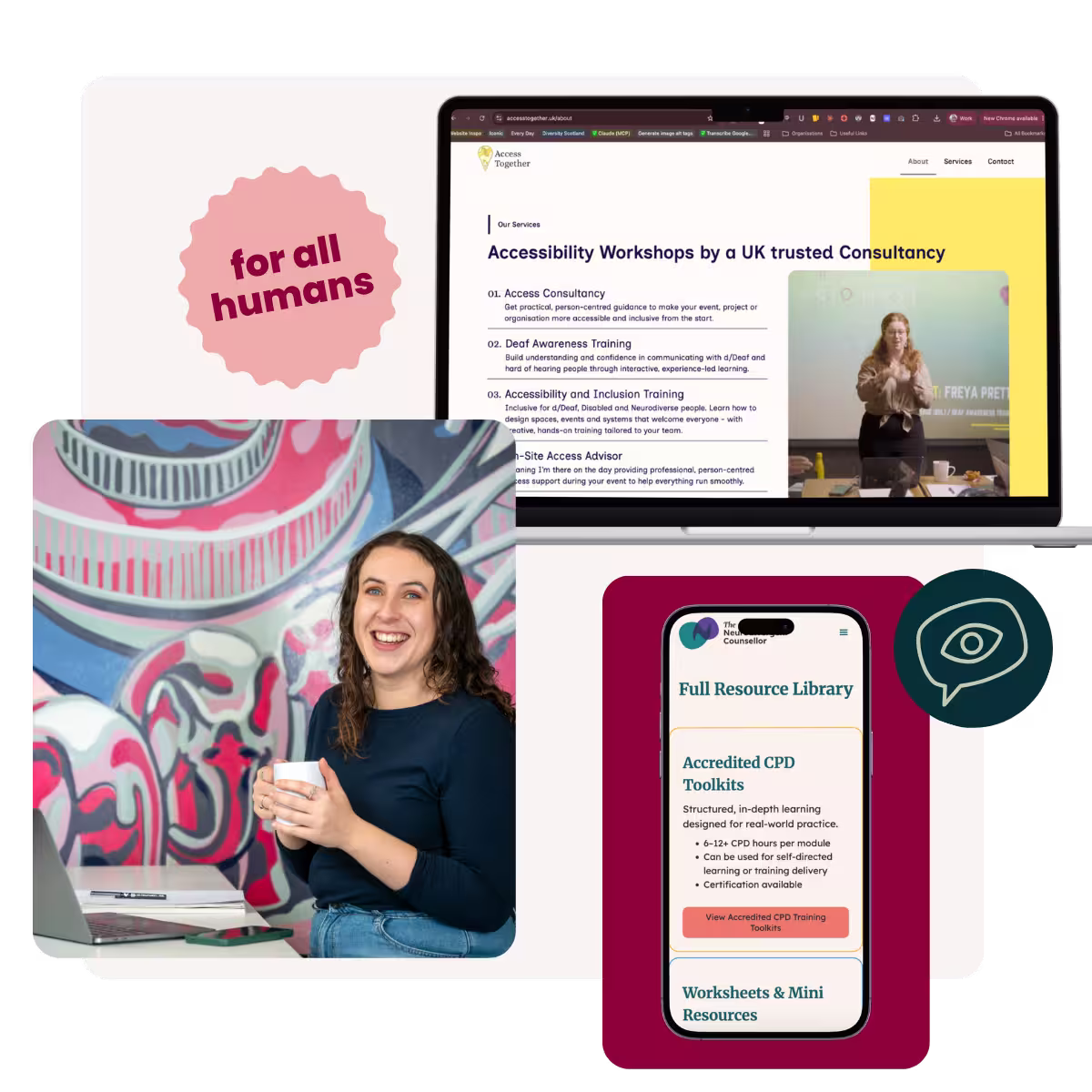 Collage of photos, one showing the Access Together website on a laptop, a mobile phone showing the Neurodivergent Counsellor resource page, and Rachel smiling holding a cup of tea