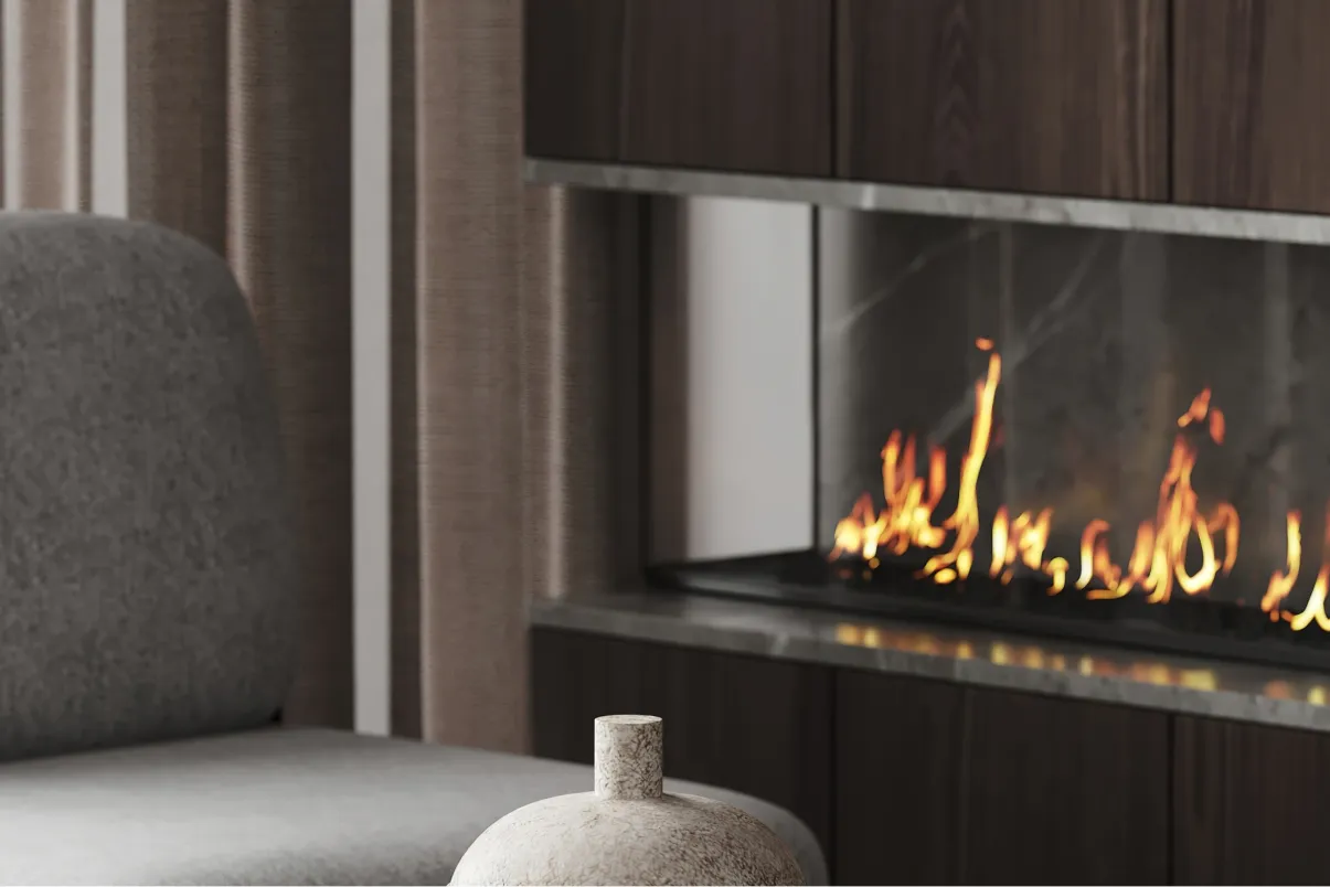 Kamin in modernem Wohnzimmer. Caroline Wolf Immobilien