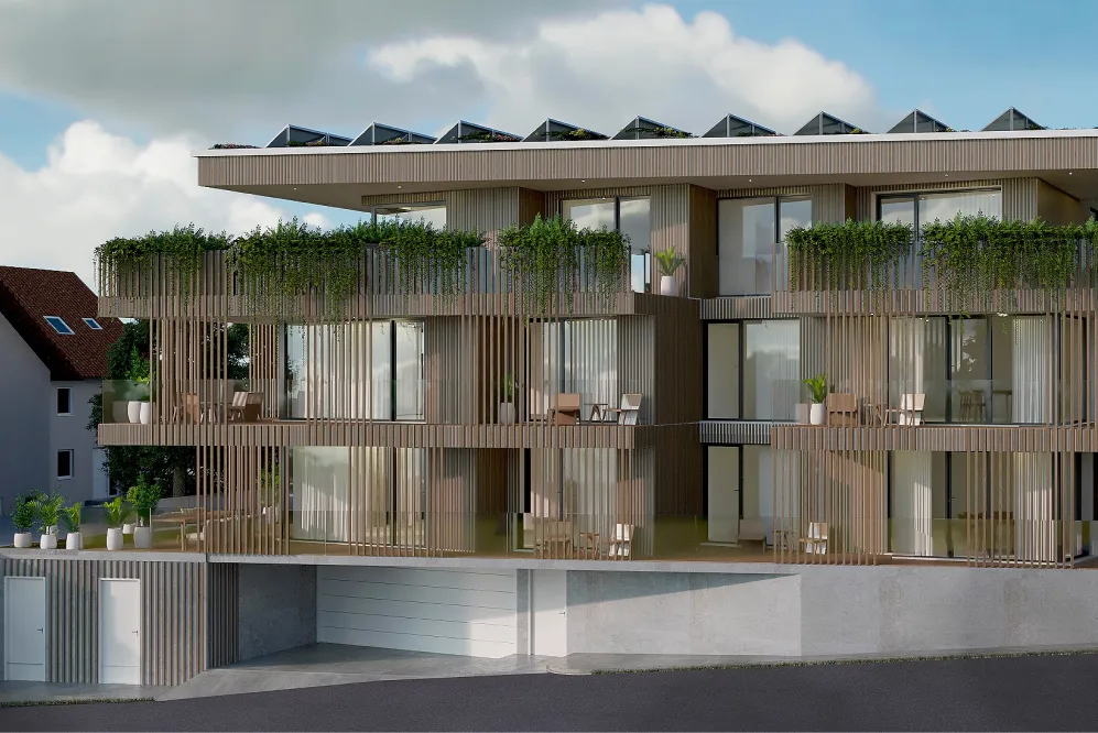 Fassade und Außenansicht eines modernen Gebäudes in Holzbauweise. Caroline Wolf Immobilien