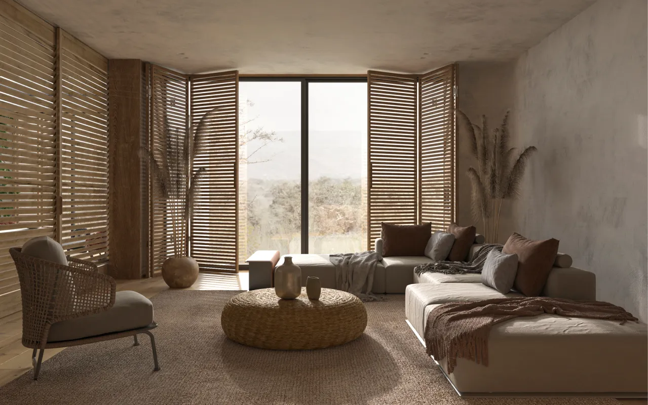 Modernes Wohnzimmer mit Inneneinrichtung im Holzbau-Stil