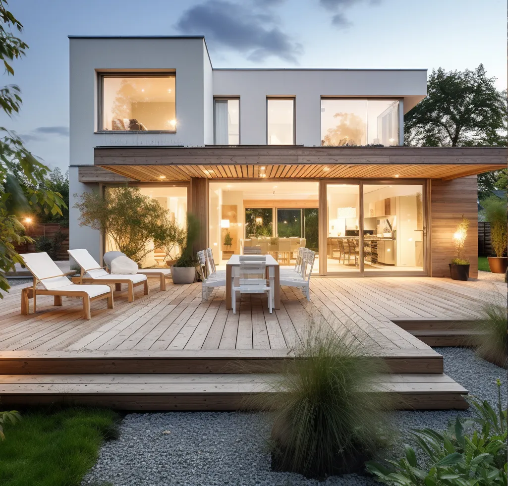 Einfamilienhaus in Holzbauweise mit Terrasse. Caroline Wolf Immobilien