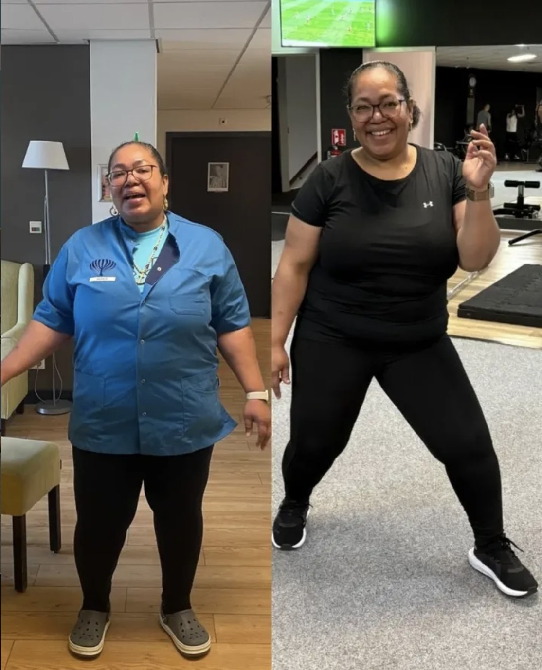 Side-by-side comparison of a smiling woman before and after weight loss, wearing a blue uniform in the before photo and black workout clothes in the after photo.