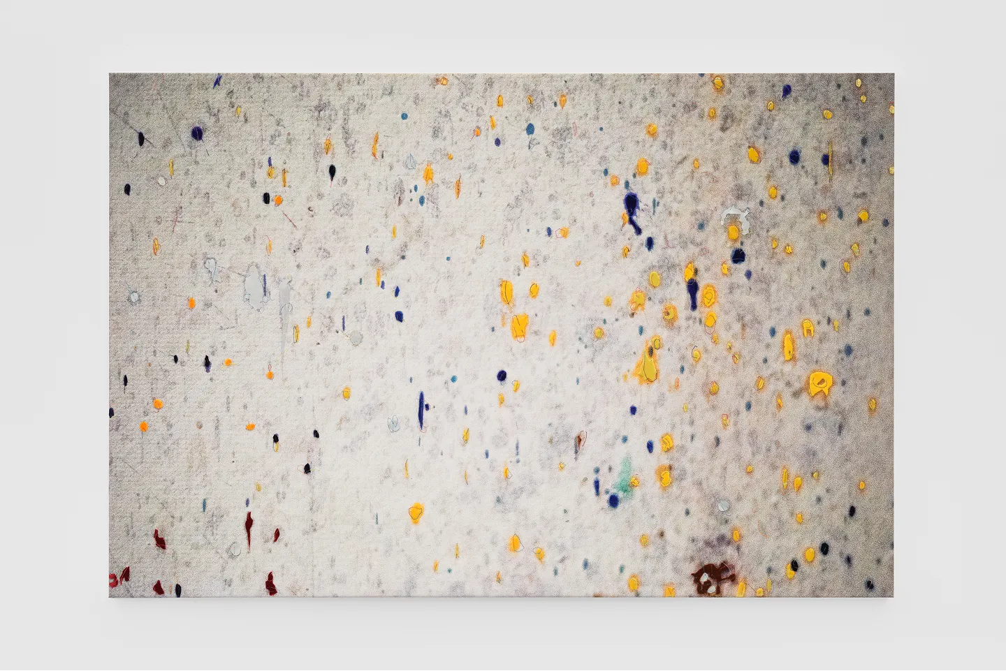 Abstract painting with a light gray background featuring scattered small yellow, blue, and orange spots and stains.