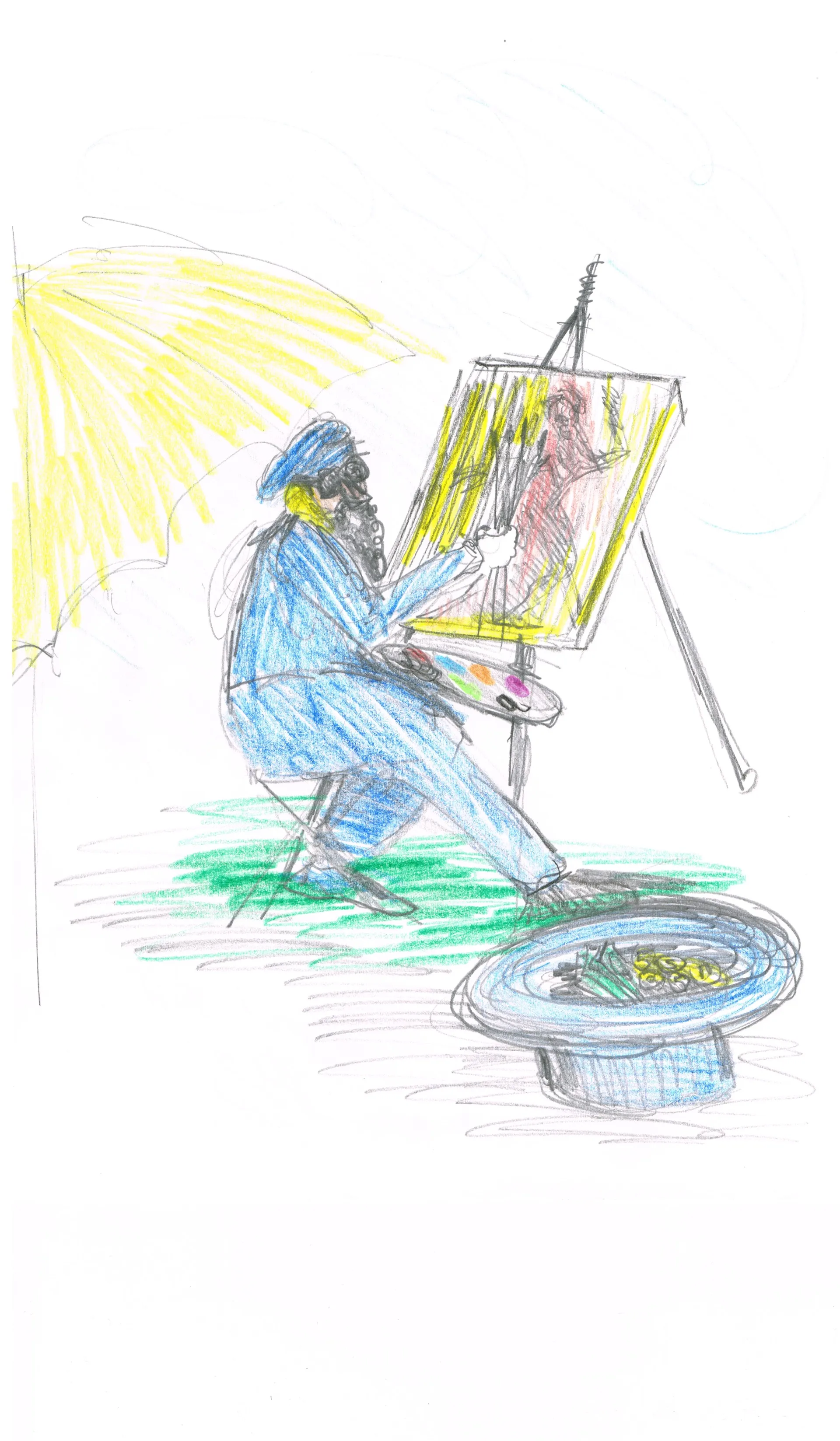 Colored pencil drawing of an artist in a blue outfit and hat painting on a canvas under a large yellow umbrella, with a hat on the ground holding money.