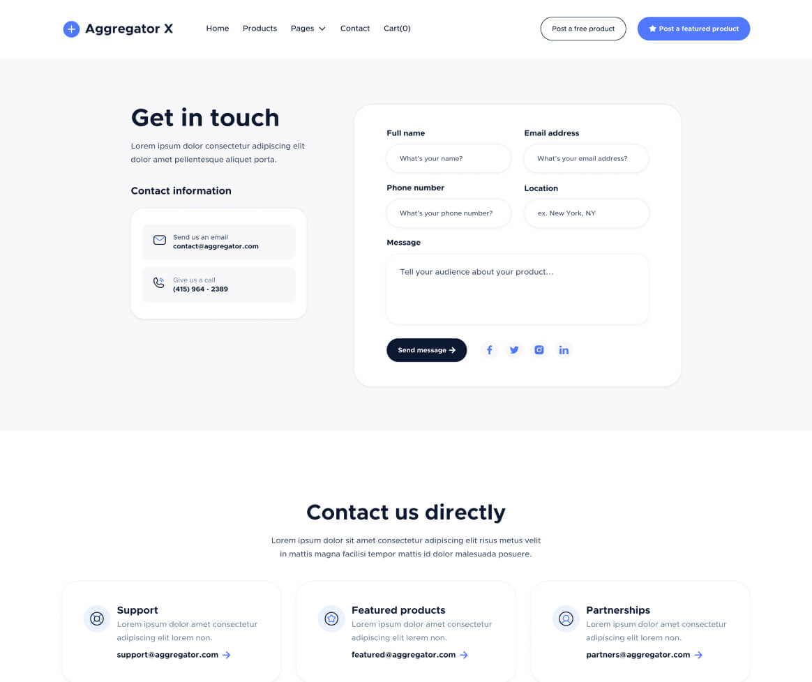 Aggregator X - Contact Page - Upvoting Webflow Template